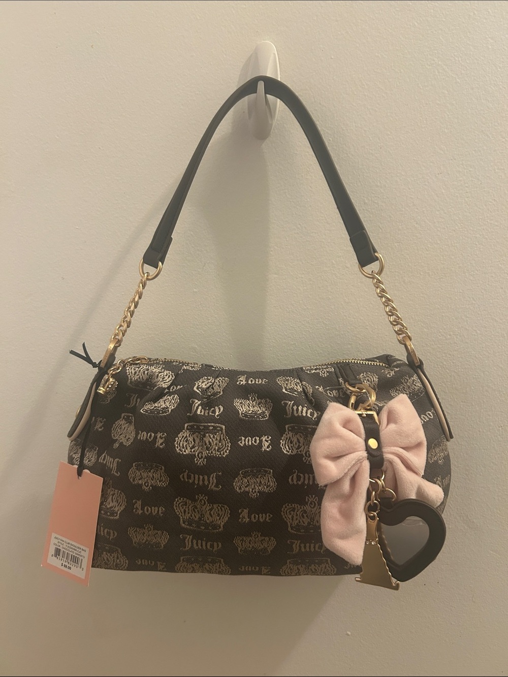 Juicy Couture Brown Logo Shoulder Bag with Pink Bow Charm